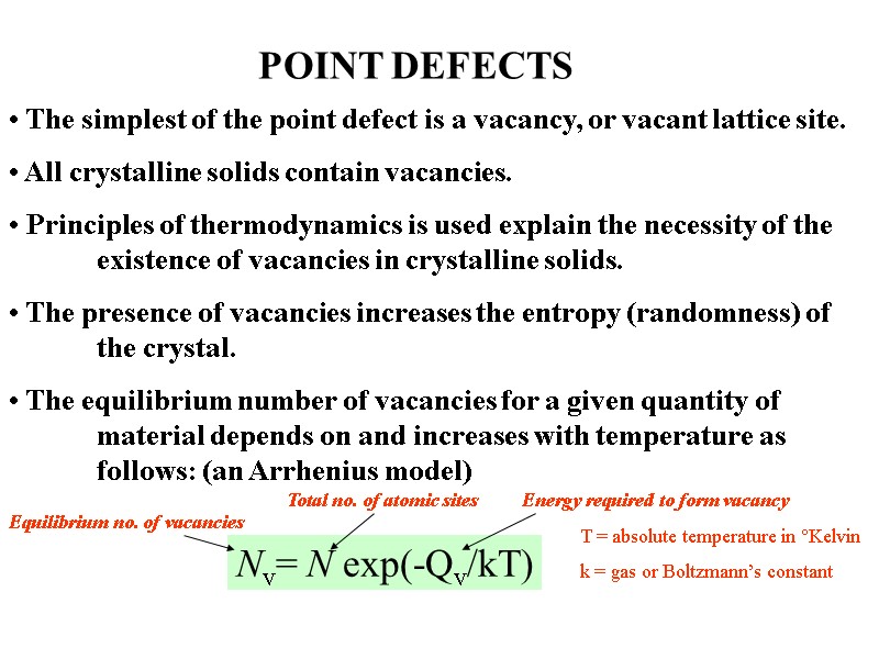 POINT DEFECTS  The simplest of the point defect is a vacancy, or vacant